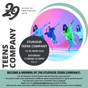 Wir suchen talentierte Tänzer:innen zwischen 12 und 18 Jahren, die regelmäßig in verschiedenen Stilen trainieren und Bühnenerfahrung sammeln möchten. In einer festen Gruppe wird an Choreografien für Shows und Events gearbeitet und es können zusätzlich zwei reguläre Kurse pro Woche im Studio29 besucht werden. Bewerbungen können gerne per Video an info@studio29berlin.com gesendet werden. Im Video solltest du dich kurz vorstellen, uns etwas über deinen tänzerischen Hintergrund erzählen und erklären, warum du Teil unserer Company werden möchtest.